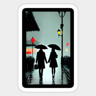 couple holding hand in rain Sticker